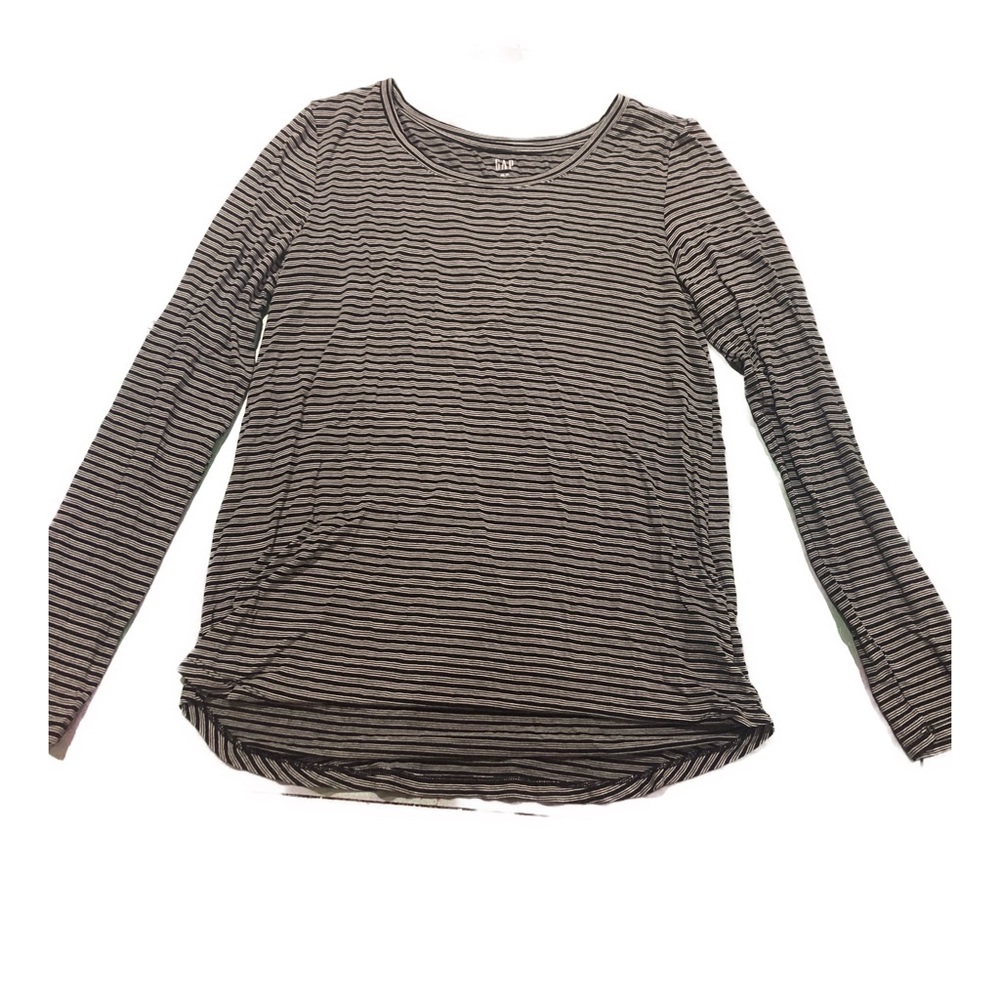 GAP Women’s Black, White, and Grey Striped Long Sleeve Shirt Size XS
